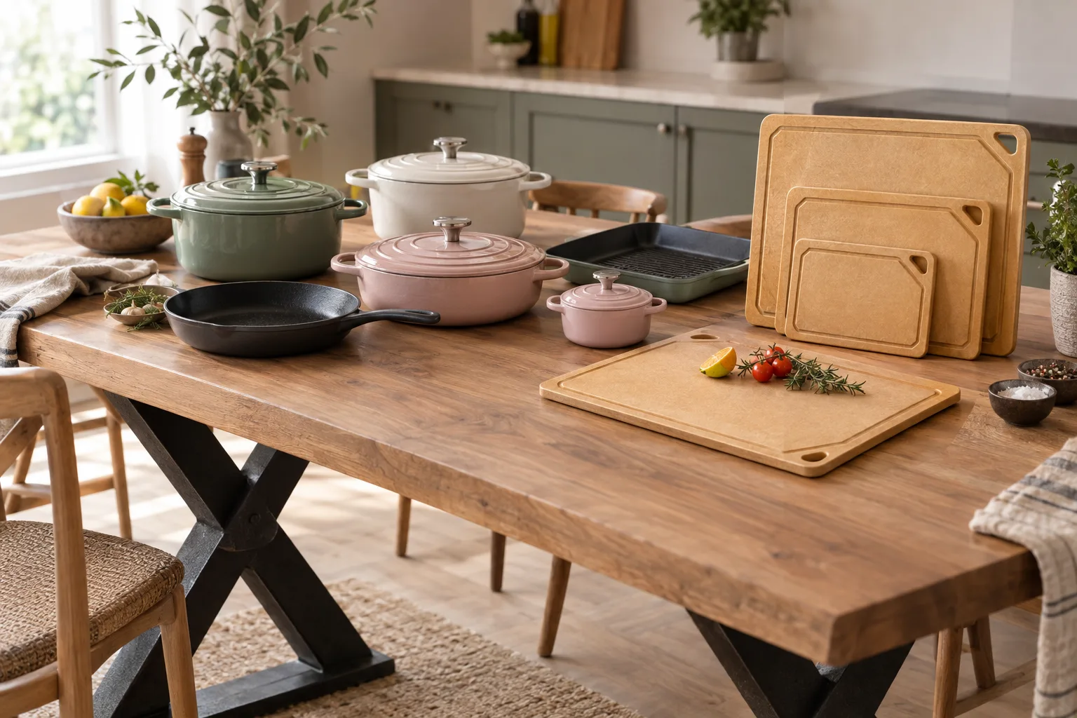 NEOO product family on a solid wood table with X-shaped cast iron legs — enameled and pre-seasoned cast iron cookware, grill pan and pine fiber cutting boards